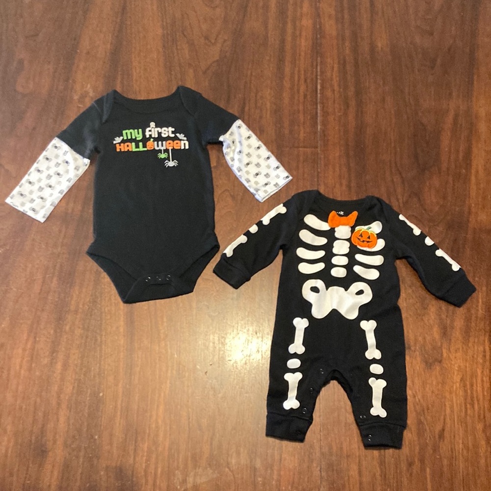 Set of (2) Baby Halloween button onesie outfits skeleton spiders